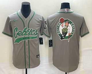 Men%27s Boston Celtics Gray Team Big Logo With Patch Stitched Baseball Jersey->denver nuggets->NBA Jersey
